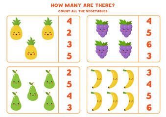 Count the amount of cute kawaii fruits.