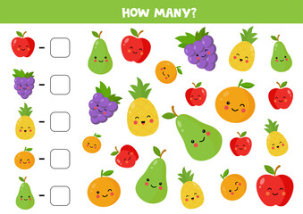 Count the amount of cute kawaii fruits and write down the answer.