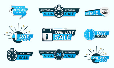 24 hour services. 1 day to go countdown. one day sale. only today sales in sticker label shape for promotion in social media