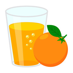Glass of orange juice and orange fruit. Simple flat vector illustration isolated on white background.