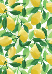 Hand painted botanical summer poster with lemons and lemon tree leaves, artistic illustration.