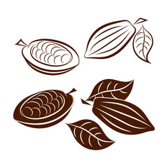 Doodle cocoa with leaf set icon isolated on white. Stencil chocolate food. Vector stock illustration. EPS 10