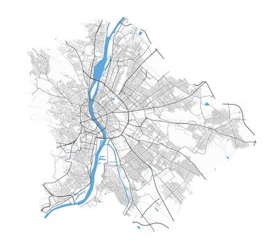 Budapest map. Detailed map of Budapest city poster with streets, water.