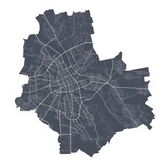 Warsaw map. Detailed map of Warsaw city poster with streets. Dark vector.
