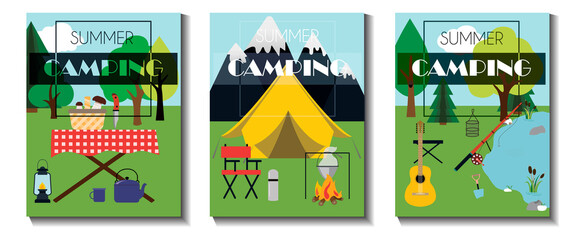A set of flat vector leaflets for summer camping, Hiking and tourism. Three flyers with a tent, picnic table, basket of mushrooms, fire, fishing rod, guitar and camping equipment. Flyers with a rear