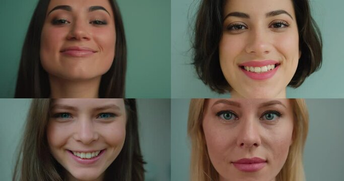 Close up of pretty happy Caucasian girls smiling to camera. Multiscreen on different joyful women in good mood in room. Collage of beautiful diverse females posing indoors. Portrait concept
