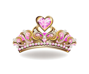 Beautiful golden princess crown with pearls and pink jewels. Realistic illustration. Vector illustration on white background. © liana2012