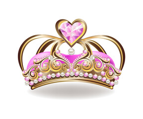 Beautiful golden princess crown with pearls and pink jewels. Realistic illustration. Vector illustration on white background. © liana2012