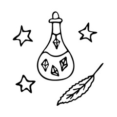 Magic potion in a bottle, witchcraft. Magic elixir. Ruby-shaped medallion. Stars and feather. Black and white vector illustration in doodle style