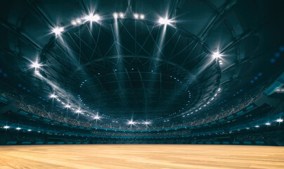Stadium and wooden surface background for indoor sports. Sport building as digital 3D background advertisement backdrop illustration. © LeArchitecto