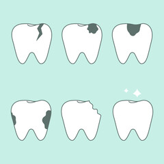 Set of healthy and unhealthy teeth, dentistry concept, oral care. Flat vector illustration.