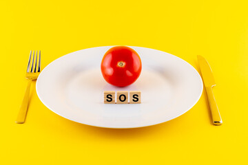 Teller mit einer Tomate und dem Schlagwort SOS