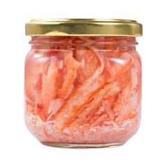 Jar of pickled shrimps isolated on white background.