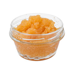 Pike caviar or roe in the bowl on white background. Top view.
