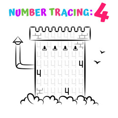 Number Tracing Worksheet. Coloring Book Page. Math Game. Writing Skills Educational Exercise.