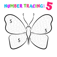 Number Tracing Worksheet. Coloring Book Page. Math Game. Writing Skills Educational Exercise.