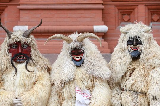Moscow Maslenitsa Festival 2020. Traditional national celebration in folk style. Slavic tradition. Performance with Hungarian masked artists. Buso from Hungary. Busojaras holiday in Moscow. Beast