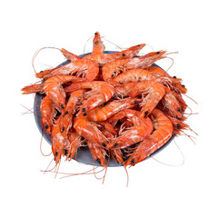 Top view of plate with boiled peeled shrimps isolated on white background