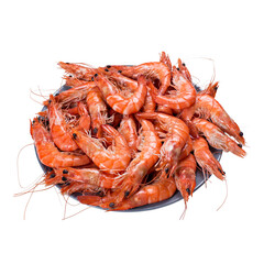 Top view of plate with boiled peeled shrimps isolated on white background