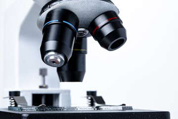 Scientific microscope lenses close up. Laboratory equipment