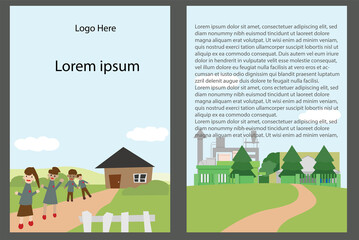 Book cover and black for a presentation in the concept of social coexistence And industry With students walking on the street in front of the school.