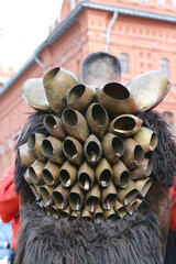 Moscow Maslenitsa Festival 2020. Traditional celebration in folk style. Sardinian masked artists: mamuthones, isohadores from Sardinia, Italy. Ethnic clothes, costumes