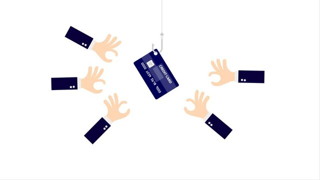Credit card hooked hook with many hand are scramble isolated on white background.