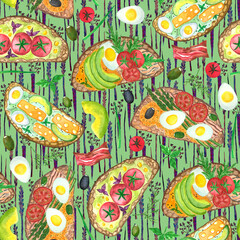 Seamless pattern of ingredients for sandwiches, breakfast watercolor illustration