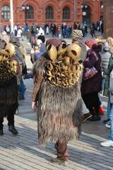 Moscow Maslenitsa Festival 2020. Traditional celebration in folk style. Sardinian masked artists: mamuthones, isohadores from Sardinia, Italy. Ethnic clothes, costumes