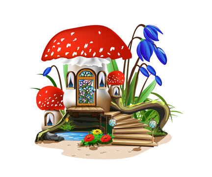 Colorful illustration of a mushroom house with a red roof. Fairy tale vector illustration.