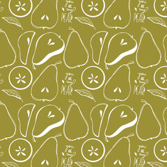 Cute kawaii pears and slices on a green background. Outline doodle square seamless pattern. Print for fabric, bedding, wrapping paper, wallpaper, packaging, brand, web design.