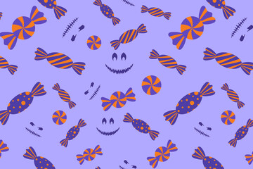 Halloween candy and jack face seamless pattern. Spooky and sweet illustration for print design, fabric, textile, wallpaper, wrapping paper.