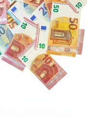 Paper money euro on a white background. View from above. Bribe. Duty. Repayment of the loan.