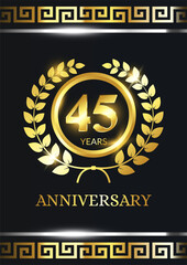 45 years anniversary celebration. Luxury celebration template with golden decoration on black background. Elegant vector template for invitation card, celebration, greeting cards and other.