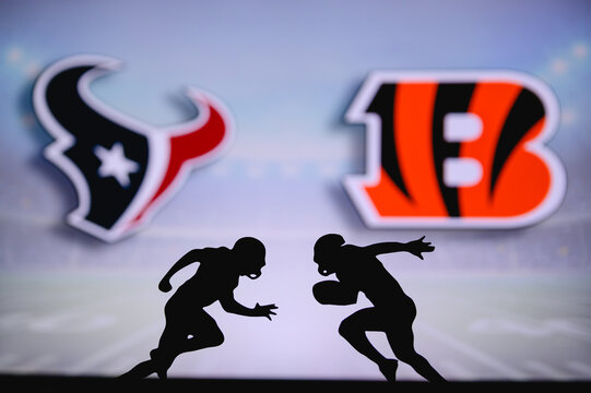 Houston Texans vs. Cincinnati Bengals. NFL match poster. Two american football players silhouette facing each other on the field. Clubs logo in background. Rivalry concept photo.