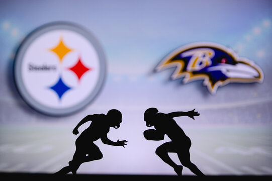 Pittsburgh Steelers vs. Baltimore Ravens. NFL match poster. Two american football players silhouette facing each other on the field. Clubs logo in background. Rivalry concept photo.