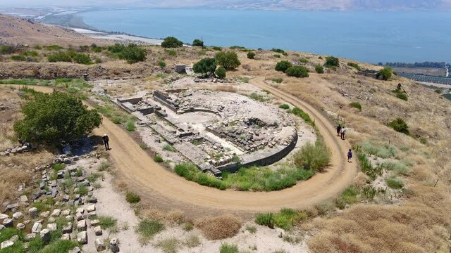 Aerial view to the ruins of the Greek - Roman city Hippus - Susita located on the hill on the Golan Heights in northern Israel on the Sea of Galilee