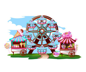 Obraz na płótnie Canvas Fairytale amusement park with a Ferris wheel, a circus tent and sweets. Colorful vector illustration.