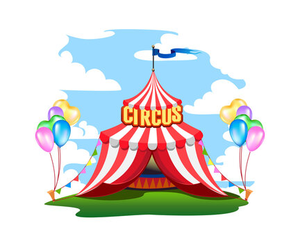 A colorful circus tent with balloons and treats. Vector illustration for carnival.
