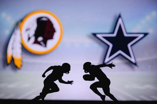 Washington Redskins vs. Dallas Cowboys. NFL match poster. Two american football players silhouette facing each other on the field. Clubs logo in background. Rivalry concept photo.