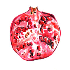 Hand drawn watercolor illustration of half of pomegranate. Realistic slice of fresh garnet, exotic juicy fruit image with seeds isolated on white. For romantic card, greeting card, prints, packaging
