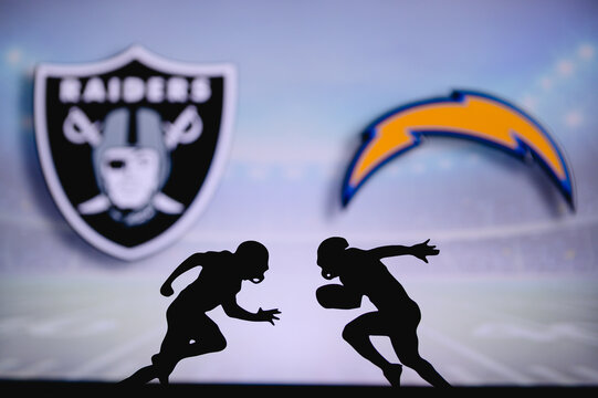 Las Vegas Raiders vs. Los Angeles Chargers. NFL match poster. Two american football players silhouette facing each other on the field. Clubs logo in background. Rivalry concept photo.