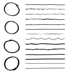 Lines and circles hand drawn vector set isolated on white background. Collection of red doodle lines and circles, hand drawn template. Creative art concept, vector illustration 