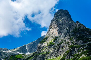 The Summit Jastrzebia Turnia (Jastrabia veza) with the most difficult climbing route marked out in the High Tatras, Slovakia. Climbing goal for the best mountain climbers.
