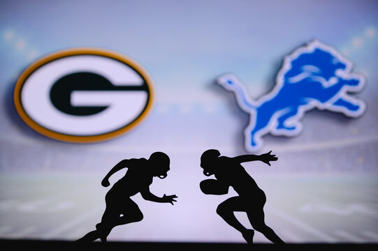 Green Bay Packers vs. Detroit Lions. NFL match poster. Two american football players silhouette facing each other on the field. Clubs logo in background. Rivalry concept photo.