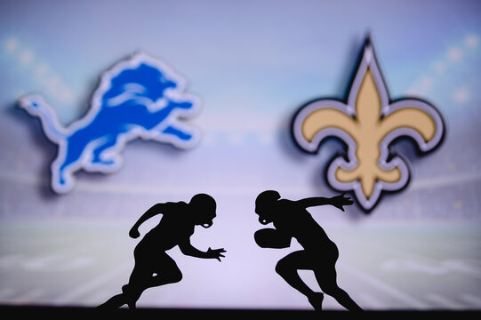 Detroit Lions vs. New Orleans Saints. NFL match poster. Two american football players silhouette facing each other on the field. Clubs logo in background. Rivalry concept photo.