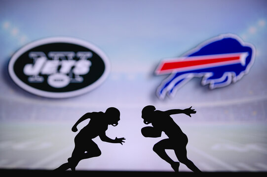 New York Jets vs. Buffalo Bills. NFL match poster. Two american football players silhouette facing each other on the field. Clubs logo in background. Rivalry concept photo.