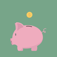 Pink pig piggy bank for saving money and further investment with a coin