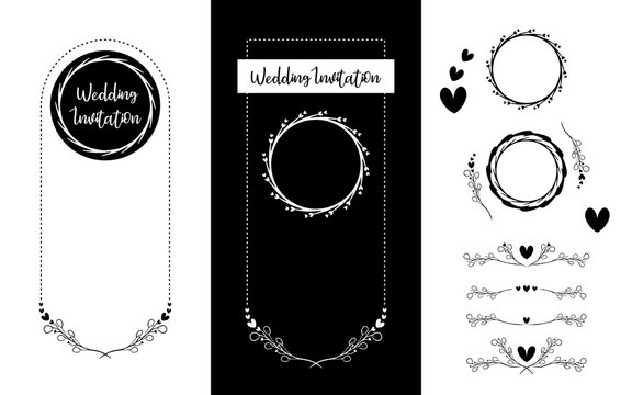 Simple Hand drawn Doodle Love Romantic Wedding Ornament. Combination of heart shape with leaf branches vector illustration in monogram. Round Frame divider border line design elements for card, etc