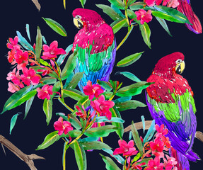 Seamless Pattern Hand Painted Watercolor Artwork Illustration  Parrots Birds with Exotic Tropical Flowers on Black Background